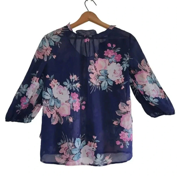 Anthropologie Leifsdottir Blouse Top Size 2 Navy Floral Cotati Chiffon 100% Silk - Picture 3 of 8